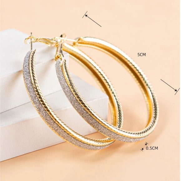 Yellow Gold Tone Large Hoop Earrings Fashion Jewelry Encrusted Faux Stone - Picture 4 of 4